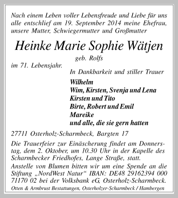 Traueranzeige von Heinke Marie Sophie Wätjen von KRZ