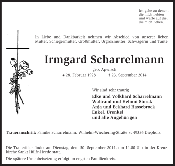 Traueranzeige von Irmgard Scharrelmann von KRZ