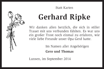 Traueranzeige von Gerhard Ripke von KRZ