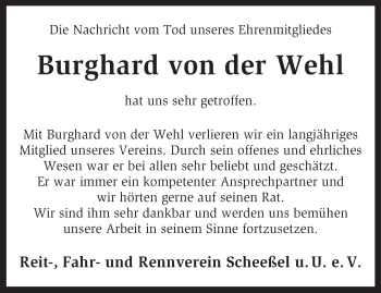 Traueranzeige von Burghard von der Wehl von KRZ