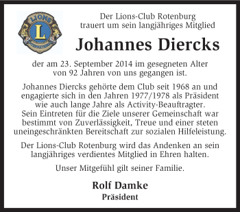 Traueranzeige von Johannes Diercks von KRZ