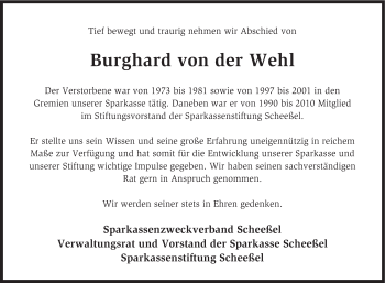 Traueranzeige von Burghard von der Wehl von KRZ