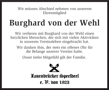 Traueranzeige von Burghard von der Wehl von KRZ