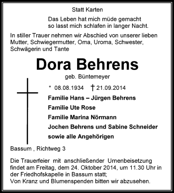 Traueranzeige von Dora Behrens von KRZ