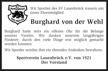 Traueranzeige von Burghard von der Wehl von KRZ