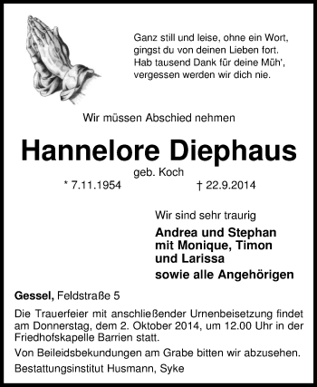 Traueranzeige von Hannelore Diephaus von KRZ