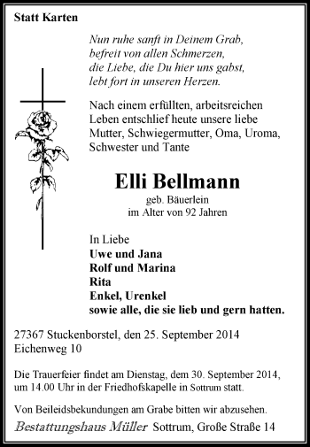 Traueranzeige von Elli Bellmann von KRZ