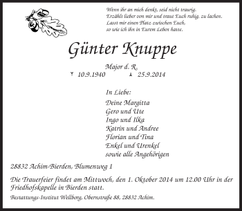 Traueranzeige von Günter Knuppe von KRZ