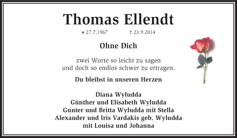  Traueranzeige für Thomas Ellendt vom 27.09.2014 aus KRZ