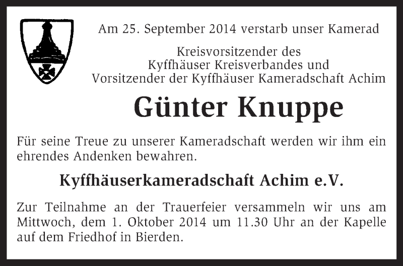  Traueranzeige für Günter Knuppe vom 27.09.2014 aus KRZ