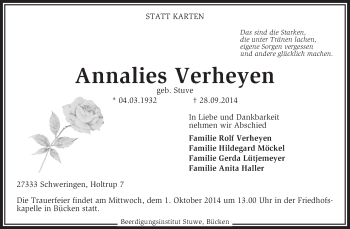 Traueranzeige von Annalies Verheyen von KRZ