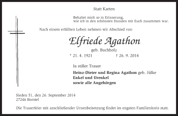 Traueranzeige von Elfriede Agathon von KRZ