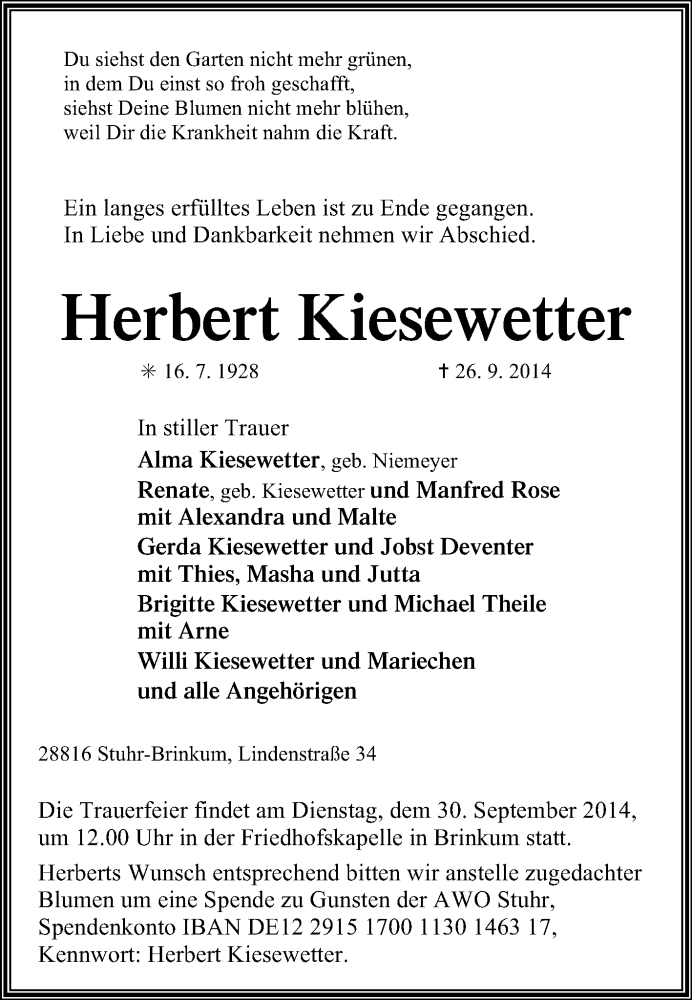  Traueranzeige für Herbert Kiesewetter vom 29.09.2014 aus KRZ