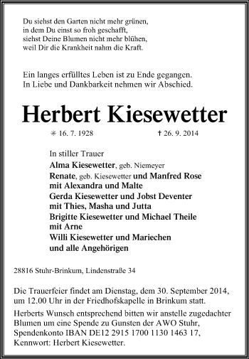 Traueranzeige von Herbert Kiesewetter von KRZ