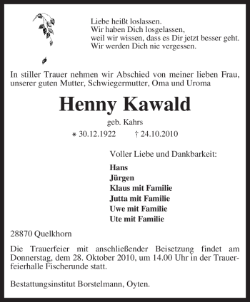 Traueranzeige von Henny Kawald von KREISZEITUNG SYKE