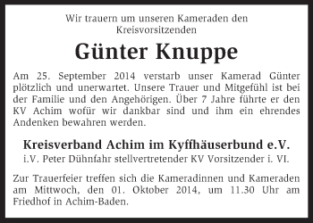 Traueranzeige von Günter Knuppe von KRZ