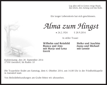 Traueranzeige von Alma zum Hingst von KRZ