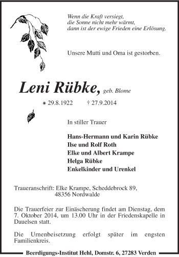 Traueranzeige von Leni Rübke von KRZ