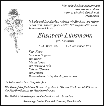 Traueranzeige von Elisabeth Lünsmann von KRZ