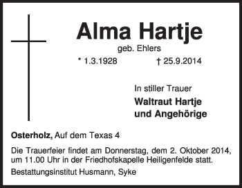 Traueranzeige von Alma Hartje von KRZ