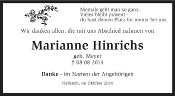 Traueranzeige von Marianne Hinrichs von KRZ