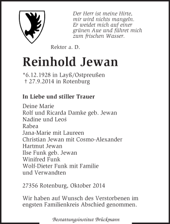 Traueranzeige von Reinhold Jewan von KRZ