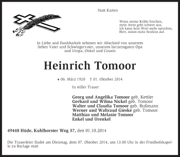 Traueranzeige von Heinrich Tomoor von KRZ