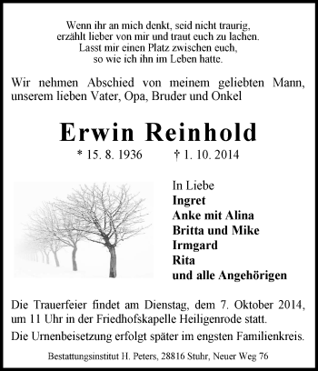 Traueranzeige von Erwin Reinhold von KRZ