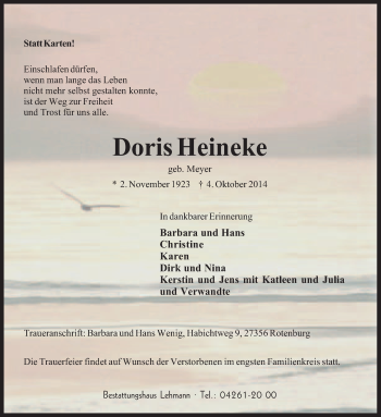 Traueranzeige von Doris Heineke von KRZ