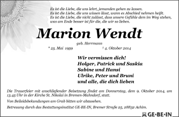 Traueranzeige von Marion Wendt von KRZ