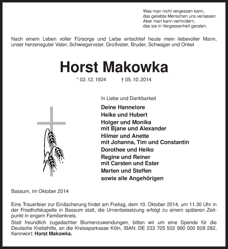  Traueranzeige für Horst Makowka vom 07.10.2014 aus KRZ