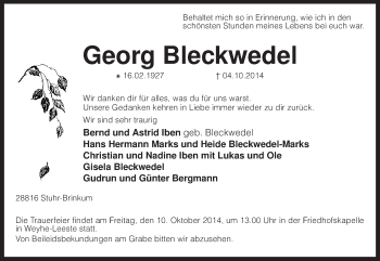 Traueranzeige von Georg Bleckwedel von KRZ