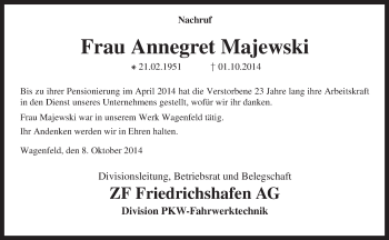 Traueranzeige von Annegret Majewski von KRZ