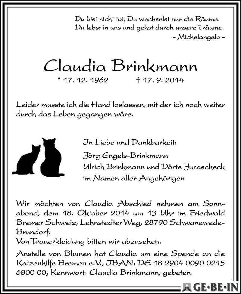  Traueranzeige für Claudia Brinkmann vom 11.10.2014 aus KRZ
