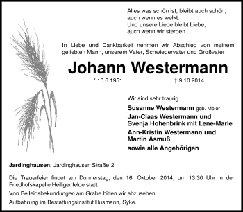 Traueranzeige von Johann Westermann von KRZ