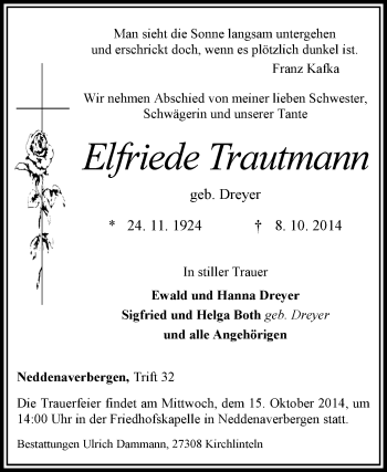 Traueranzeige von Elfriede Trautmann von KRZ