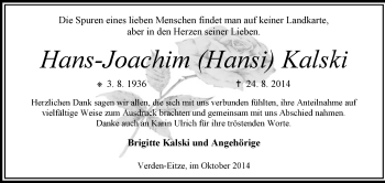 Traueranzeige von Hans-Joachim  Kalski von KRZ