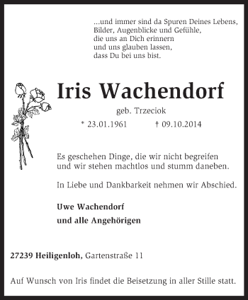 Traueranzeige von Iris Wachendorf von KRZ