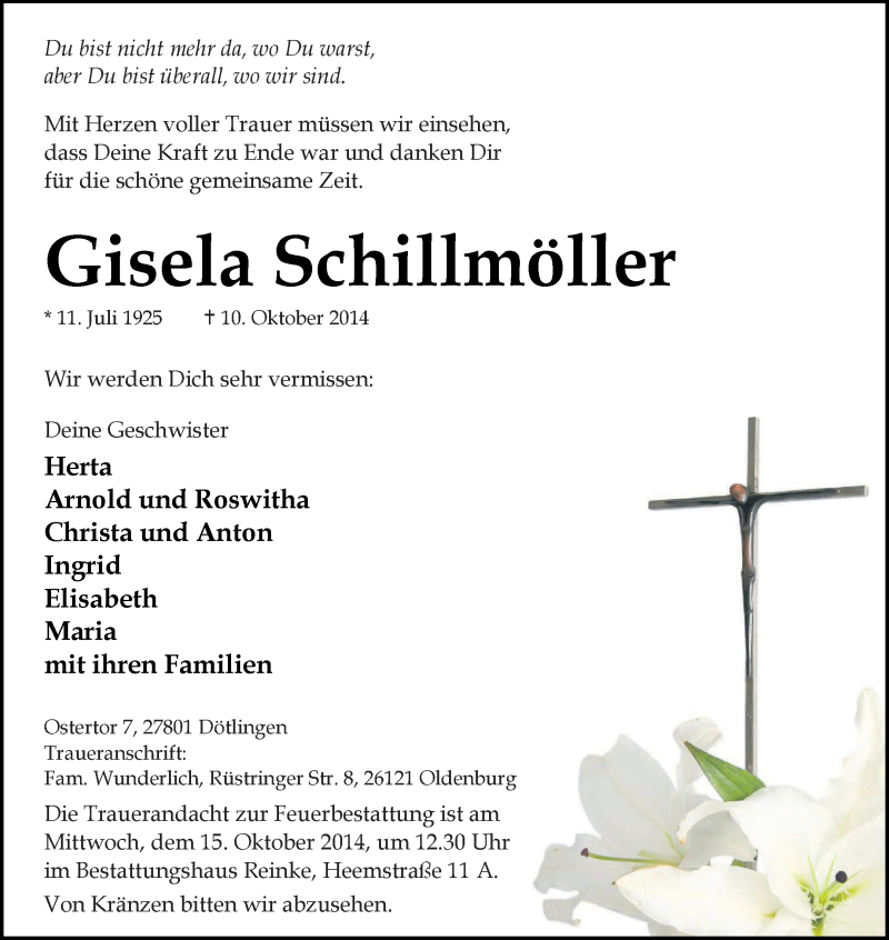  Traueranzeige für Gisela Schillmöller vom 13.10.2014 aus KRZ