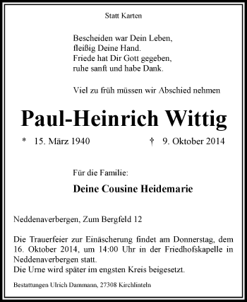 Traueranzeige von Paul-Heinrich Wittig von KRZ