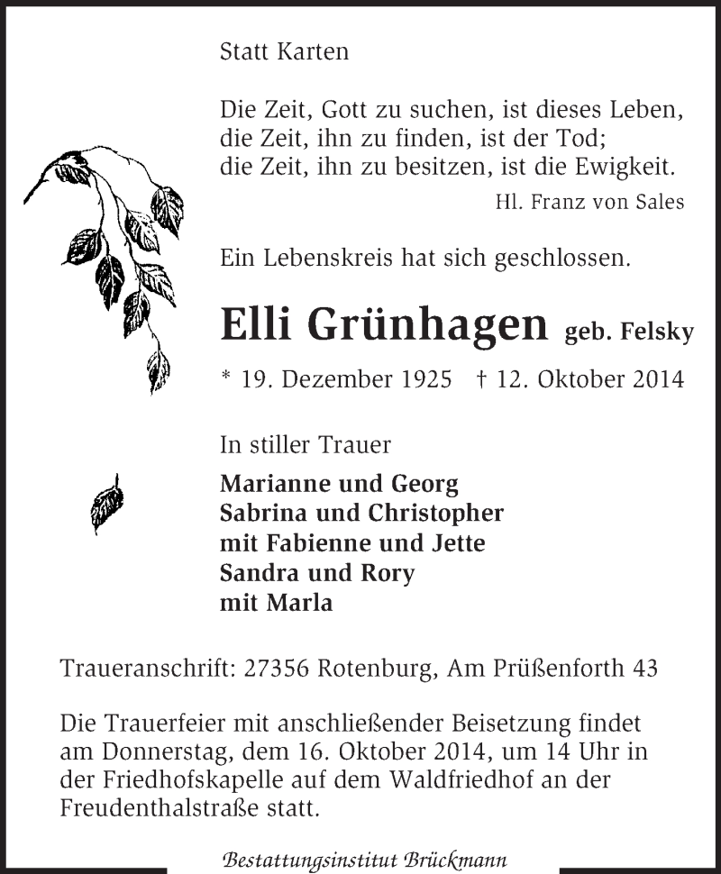  Traueranzeige für Elli Grünhagen vom 14.10.2014 aus KRZ