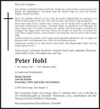 Traueranzeige von Peter Hohl von KRZ