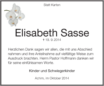 Traueranzeige von Elisabeth Sasse von KRZ