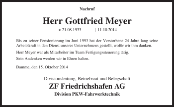 Traueranzeige von Gottfried Meyer von KRZ