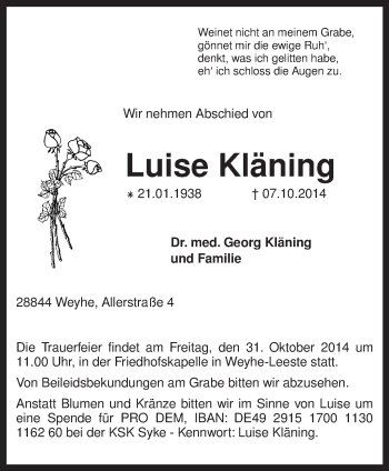 Traueranzeige von Luise Kläning von KRZ