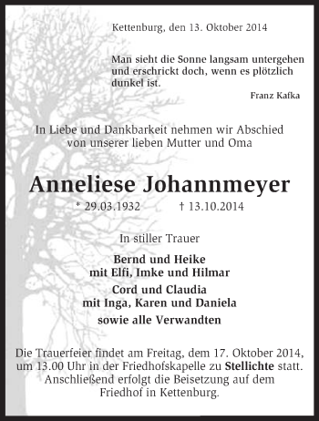 Traueranzeige von Anneliese Johannmeyer von KRZ