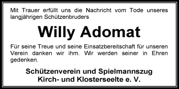 Traueranzeige von Willy Adomat von KRZ