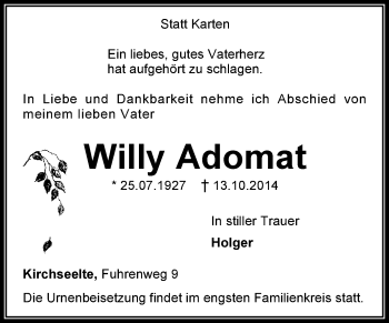 Traueranzeige von Willy Adomat von KRZ