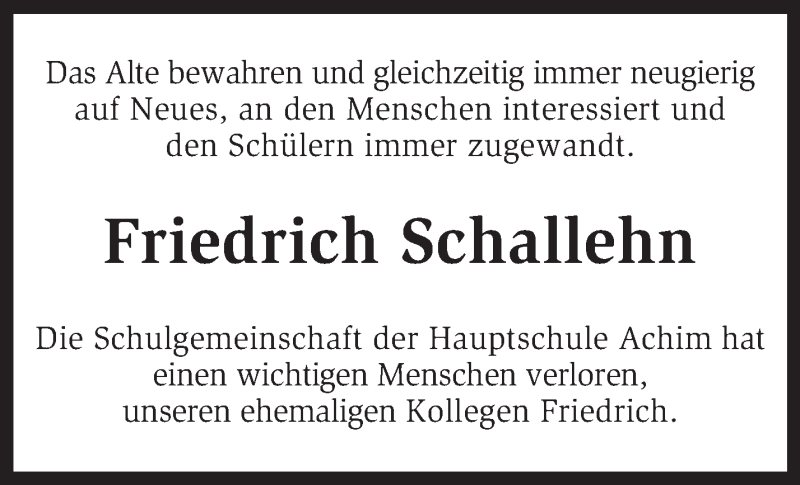  Traueranzeige für Friedrich Schallehn vom 18.10.2014 aus KRZ