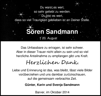 Traueranzeige von Sören Sandmann von KRZ